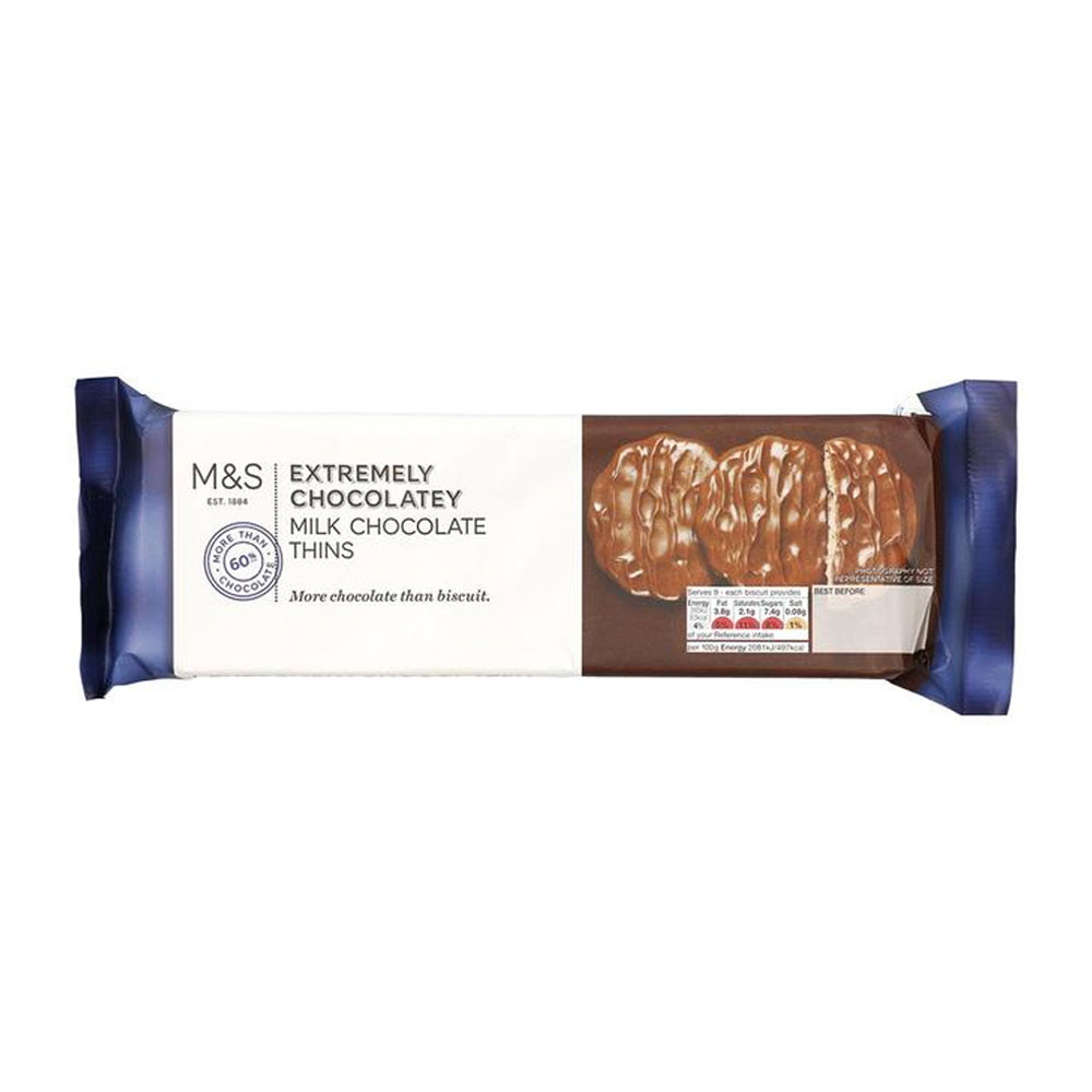 EXTREMELY CHOCOLATEY MILK CHOCOLAE THINS ( M& S FOOD) 150GM