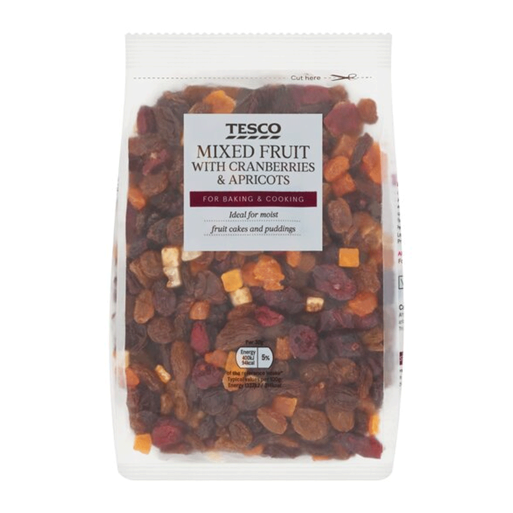 MIXED FRUIT WITH CRANBERRIES & APRCOTS (TESCO BRAND) 500GM